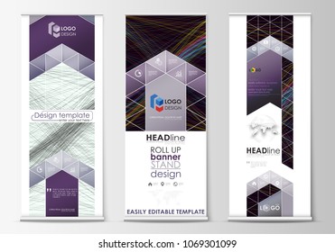 Set of roll up banner stands, geometric flat style templates, business concept, corporate vertical vector flyers, flag layout. Abstract waves, lines and curves. Dark color background. Motion design.