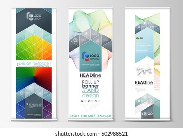 Set of roll up banner stands, geometric flat style templates, business concept, corporate vertical vector flyers, flag layout. Colorful design background with abstract shapes and waves, overlap effect