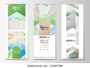 Set of roll up banner stands, geometric style, modern business concept, corporate vertical flyers, flag layouts. City map with streets. Flat design template for tourism businesses, abstract vector