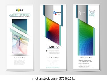 Set of roll up banner stands, geometric flat style templates, business concept, corporate vertical vector flyers, flag layout. Colorful design background with abstract shapes and waves, overlap effect