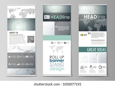 Set of roll up banner stands, templates, geometric design, corporate vertical vector flyers, flag layouts. Genetic and chemical compounds. DNA and neurons. Medicine, chemistry, science concept.