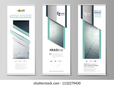 Set of roll up banner stands, templates, geometric design, corporate vertical vector flyers, flag layouts. Genetic and chemical compounds. DNA and neurons. Medicine, chemistry, science concept.