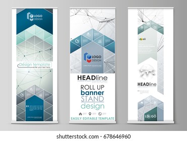 Set of roll up banner stands, templates, geometric design, corporate vertical vector flyers, flag layouts. Genetic and chemical compounds. DNA and neurons. Medicine, chemistry, science concept.
