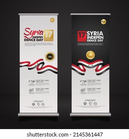 set roll up banner Syria Independence Day background template with elegant ribbon-shaped flag, gold circle ribbon. vector illustrations