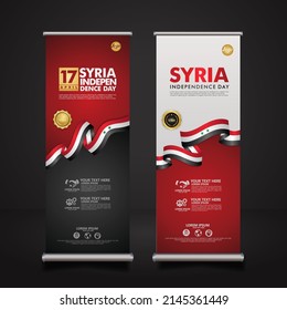 set roll up banner Syria Independence Day background template with elegant ribbon-shaped flag, gold circle ribbon. vector illustrations