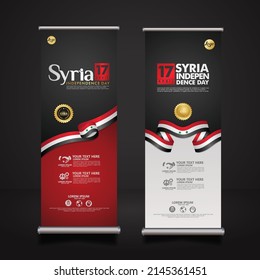 set roll up banner Syria Independence Day background template with elegant ribbon-shaped flag, gold circle ribbon. vector illustrations