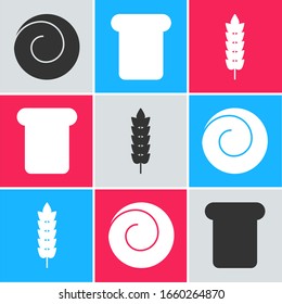 Ponga un pan de Roll con canela , pan tostado y cereales con arroz, trigo, maíz, avena, ícono de centeno. Vector