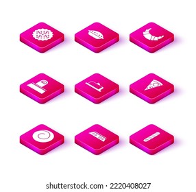 Set Roll bun with cinnamon, Electronic scales, Scales, Strawberry cheesecake slice, French baguette bread, Slice of pizza, Croissant and Homemade pie icon. Vector
