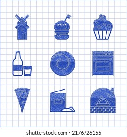 Set Roll bun with cinnamon, Flour pack, Brick stove, Oven, Slice of pizza, Glass bottle milk and glass, Cupcake and Windmill icon. Vector