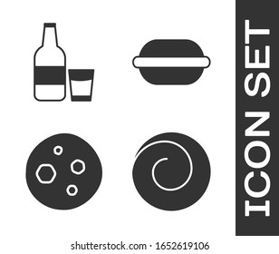 Set Roll bun with cinnamon , Glass bottle with milk and glass , Cookie or biscuit with chocolate  and Macaron cookie  icon. Vector