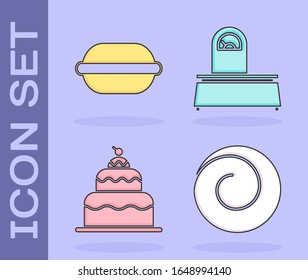 Set Roll bun with cinnamon , Macaron cookie , Cake  and Scales  icon. Vector