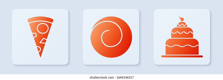 Set Roll bun with cinnamon , Slice of pizza  and Cake . White square button. Vector