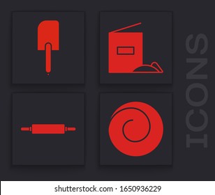 Set Roll bun with cinnamon , Spatula , Flour pack  and Rolling pin  icon. Vector