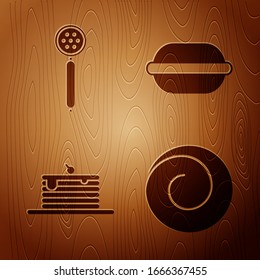 Set Roll bun with cinnamon , Strainer spoon , Stack of pancakes  and Macaron cookie  on wooden background. Vector