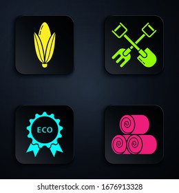 Set Roll of hay, Corn, Banner, label, tag, logo for eco and Shovel and rake. Black square button. Vector