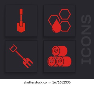 Set Roll of hay, Shovel, Honeycomb and Garden rake icon. Vector