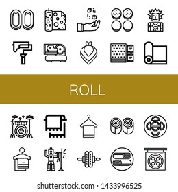 Set of roll icons such as Cracknels, Paint roller, Fabric, Slicer, Dice, Kerchief, Burger bun, Napkin, Punk, Yoga mat, Drum kit, Towel, Singer, Roller, Bun, Shawarma, Dumpling , roll