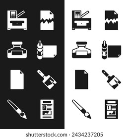 Set Roll of paper, Ink bottle, Copy machine, Torn document, Empty, Paint brush, News and  icon. Vector