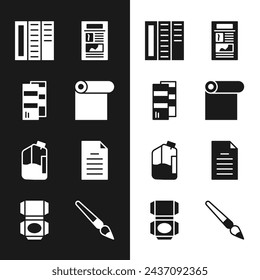 Set Roll of paper, Pantone, Brochure, News, Printer ink bottle, File document, Paint brush and Carton cardboard box icon. Vector