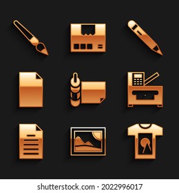 Set Roll of paper, Picture landscape, T-shirt, Copy machine, File document, Empty, Pencil with eraser and Paint brush icon. Vector