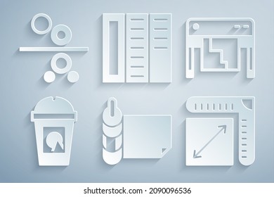 Set Roll of paper, Plotter, Coffee cup to go, Paper size, Brochure and roll printing press icon. Vector
