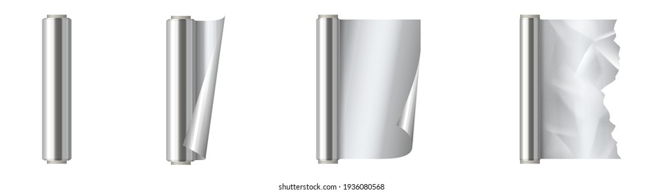 Set of roll of silver aluminium foil. Kitchen packaging element 3d realistic design, hot stamping aluminum foil isolated on white background. Vector illustration