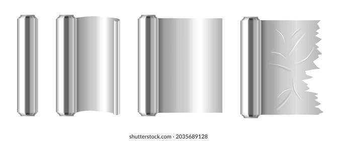 Set of roll of silver aluminium foil. Realistic stickers with cooking accessories. Foil for baking. Design elements for posters and banners. 3D modern vector collection isolated on white background