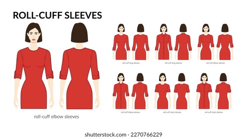 Set of roll-cuff sleeves elbow, short and long length men shirt with button clothes technical fashion illustration with fitted body. Flat apparel template front, back side. Women men unisex CAD mockup