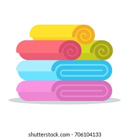 Set of rolled up colored towels. Flat vector cartoon illustration. Objects isolated on a white background.