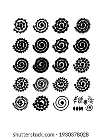 Set of rolled flowers, leaves. Collection rolled paper flower. Black color. Vector silhouettes for scrapbooking, crafting. Home decor, greeting card. Plotter cutting for paper. Cut file