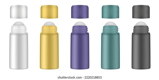 Set of roller ball bottles. Body antiperspirant deodorant roll-on, open blank bottles with screw cap. Realistic vector mockup. Roller Applicator. White, yellow, black, purple and green containers
