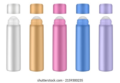 Set Of Roller Ball Bottles. Lip, Eye Roller Bottle With Cream, Serum. Cosmetic Product Container Mockup. White, Gold, Red, Blue And Purple Bottles