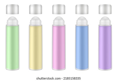 Set Of Roller Ball Bottles. Lip, Eye Roller Bottle With Cream, Serum. Cosmetic Product Container Mockup. Green, Yellow, Pink, Blue And Purple Bottles	