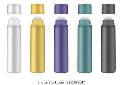 Set Of Roller Ball Bottles. Lip, Eye Roller Bottle With Cream, Serum. Cosmetic Product Container Mockup. White, Gold, Green, Black And Purple Bottles	