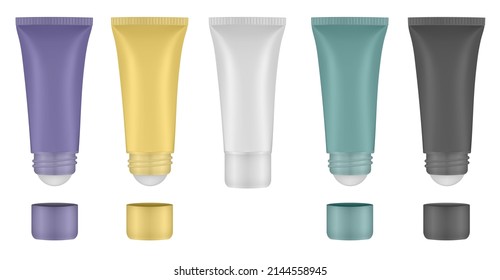 Set of roller ball tubes. Body antiperspirant deodorant roll-on, open and closed blank tubes with screw cap. Realistic vector mockup. Eye Cream Roll Ball Tube. Roller Applicator. Massage