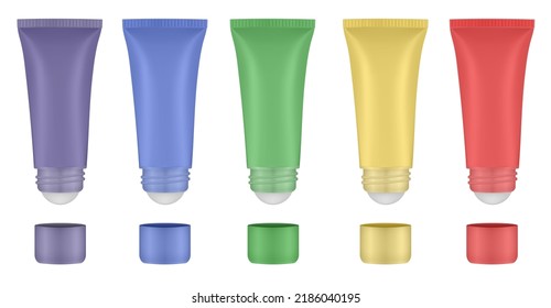 Set of roller ball tubes. Body antiperspirant deodorant roll-on, open and closed blank tubes with screw cap. Realistic vector mockup. Eye Cream Roll Ball Tube. Roller Applicator. Massage