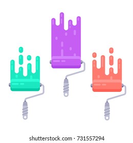 Set of roller brushes with strips paint. Painter instrument for painting and art. Vector flat illustration, isolated on white background.
