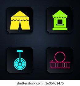 Set Roller Coaster, Circus Tent, Unicycle Or One Wheel Bicycle And Ticket Box Office. Black Square Button. Vector