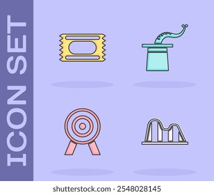 Set Roller coaster, Circus ticket, Target and Magician hat icon. Vector