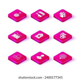 Set Roller coaster, Drum with drum sticks, Ticket box office, Classic dart board and arrow, Comedy theatrical masks, Paw print and Fast street food cart awning icon. Vector