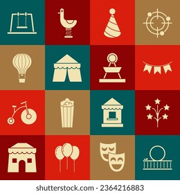 Set Roller coaster, Fireworks, Carnival garland with flags, Party hat, Circus tent, Hot air balloon, Swing and Attraction carousel icon. Vector