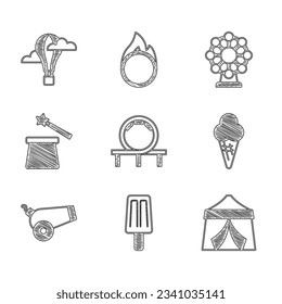 Ponga la montaña rusa, la crema de hielo, la carpa Circus, en el cono de gofre, el cañón, el sombrero y la varita mágicos, la rueda de la fortuna y el icono del globo de aire caliente. Vector