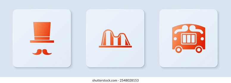 Set Roller coaster, Magician and Circus wagon. White square button. Vector