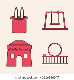 Set Roller coaster, Magician hat and rabbit ears, Swing and Circus tent icon. Vector