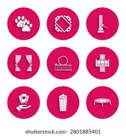 Set Roller coaster, Popcorn in cardboard box, Jumping trampoline, Attraction carousel, Hand holding playing cards, Curtain, High striker attraction with big hammer and Paw print icon. Vector