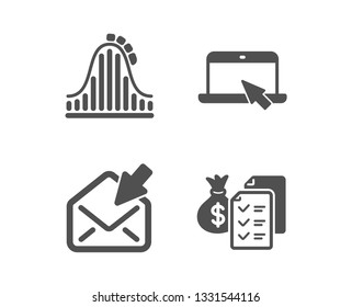 Set of Roller coaster, Portable computer and Open mail icons. Accounting wealth sign. Attraction park, Notebook device, View e-mail. Audit report.  Classic design roller coaster icon. Flat design