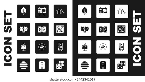 Set Roller coaster, Tarot cards, Comedy and tragedy masks, Tree, Amusement park map, billboard, Vending machine and Magic ball on table icon. Vector