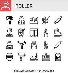 Set of roller icons such as Painter, Paint roller, Painting tools, Construction, Rolling pin, Painting, Curtain, Plier, Ice skating, Builder, Exhibition, Hockey helmet , roller