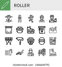 Set of roller icons such as Rolling pin, Jackhammer, Plier, Ice skate, Builder, Roller skate, Curtain, Hockey helmet, Blinds, Painting tools, Paint roller, Painter, Lawn mower ,