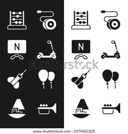 Set Roller scooter, Smart Tv, Abacus, Yoyo toy, Dart arrow, Balloons, Trumpet and Toy boat icon. Vector